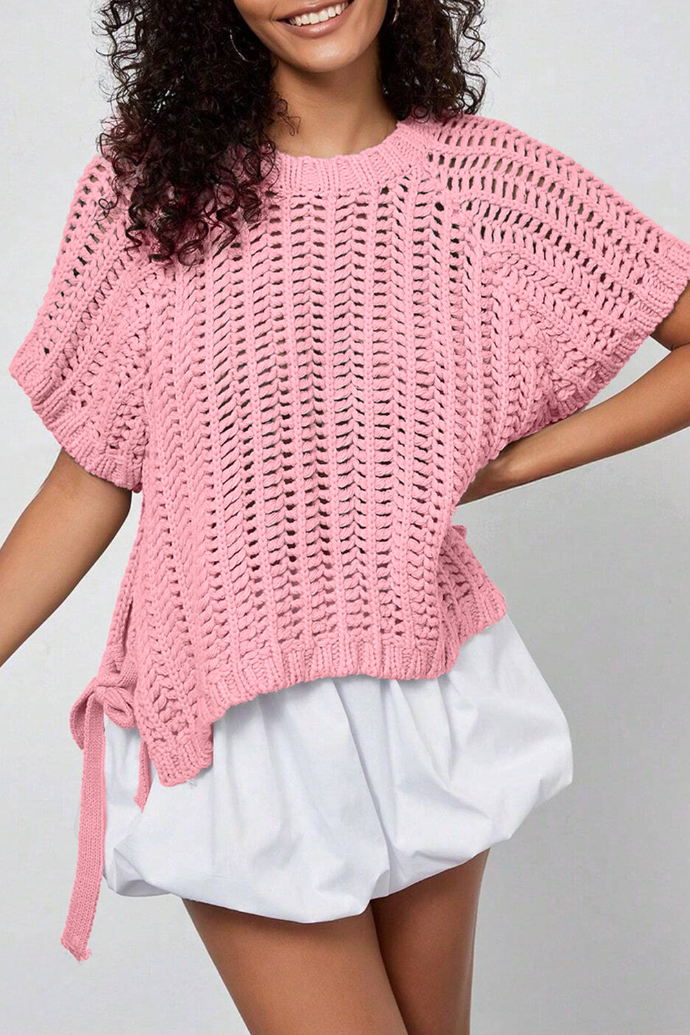 Pink Plus Size Open Knit Bow Tie Short Sleeve Sweater