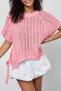 Pink Plus Size Open Knit Bow Tie Short Sleeve Sweater
