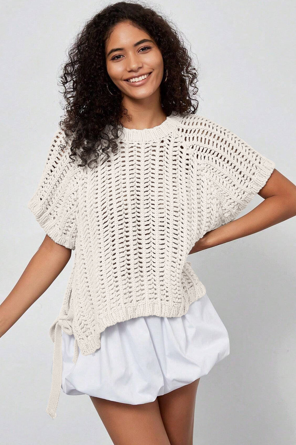 White Plus Size Open Knit Bow Tie Short Sleeve Sweater