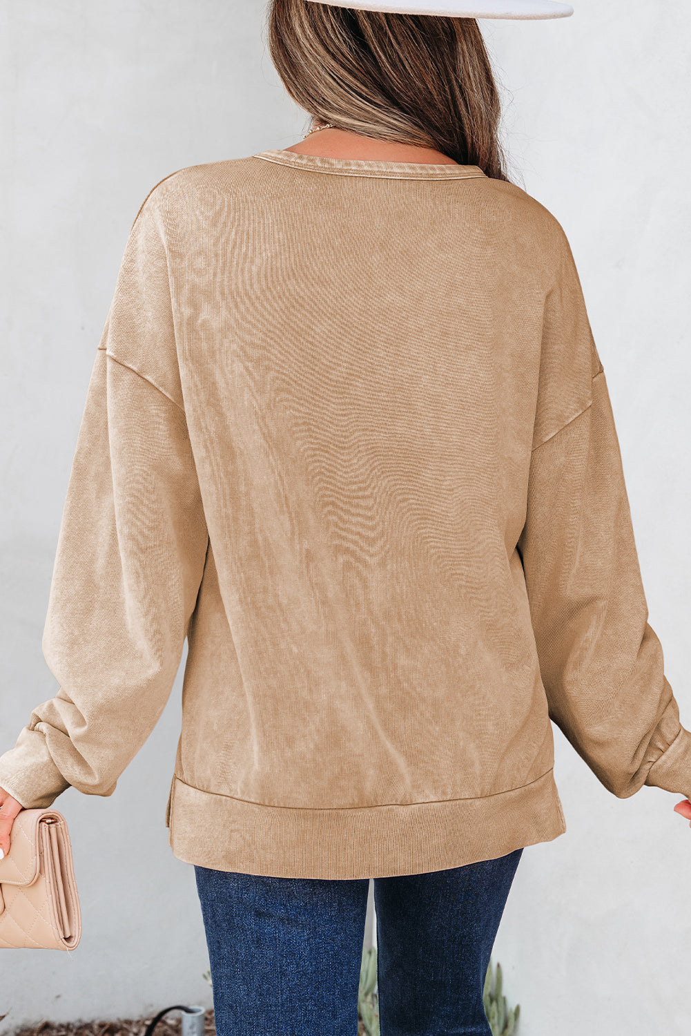 Light French Beige Mineral Wash Big Bow Patchwork Pullover Sweatshirt