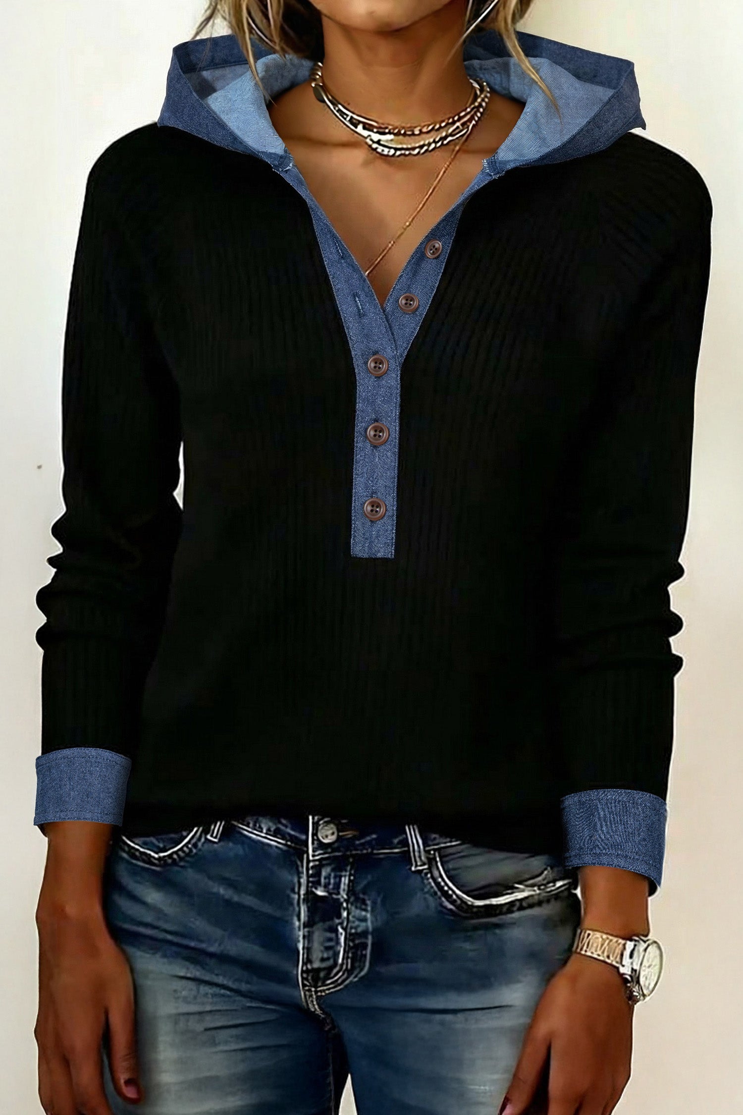 Black Ribbed Knit Contrast Denim Patchwork Hooded Long Sleeve Top