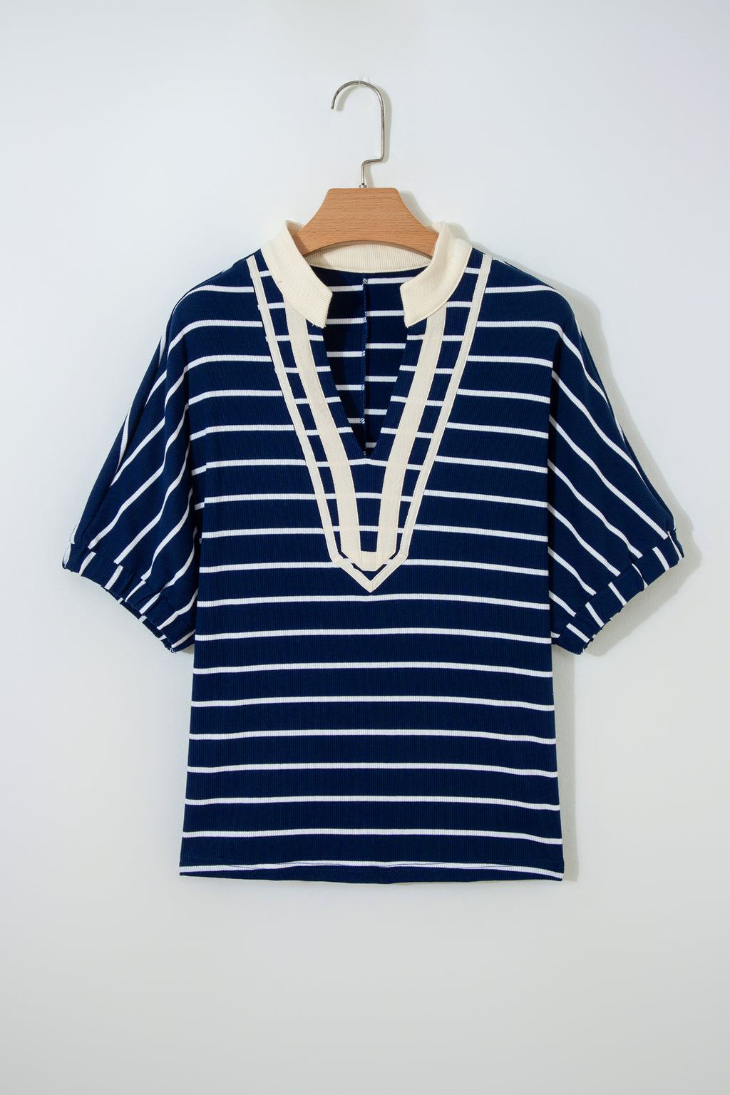 Blue Stripe Stand Collar V Neck Elastic Cuffs Half Sleeve Dolman Top