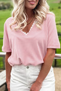 Strawberry Pink Lacy V Neckline Short Sleeve Sweater