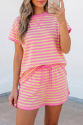 Blue Stripe Loose Short Sleeve Top and Skirt Set