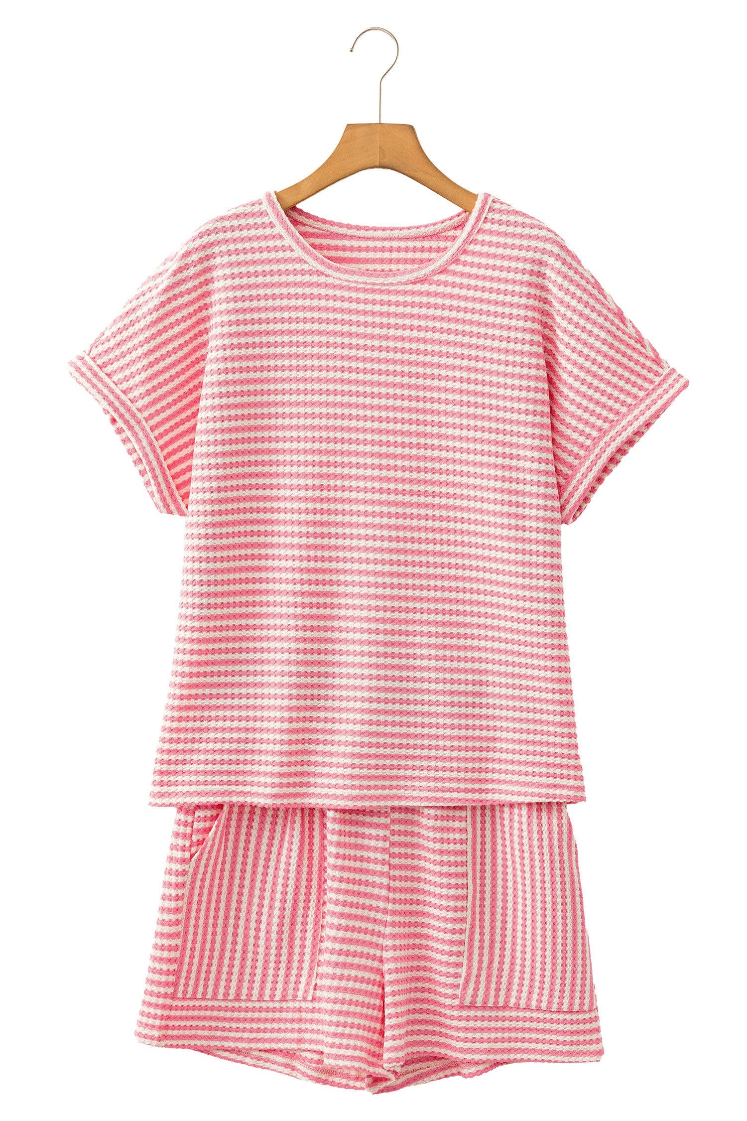 Brown Stripe Breathable Textured Knit Short 2pcs Set