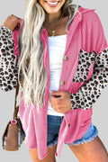 Rose Red Leopard Patched Twisted Ribbed Western Casual Shacket