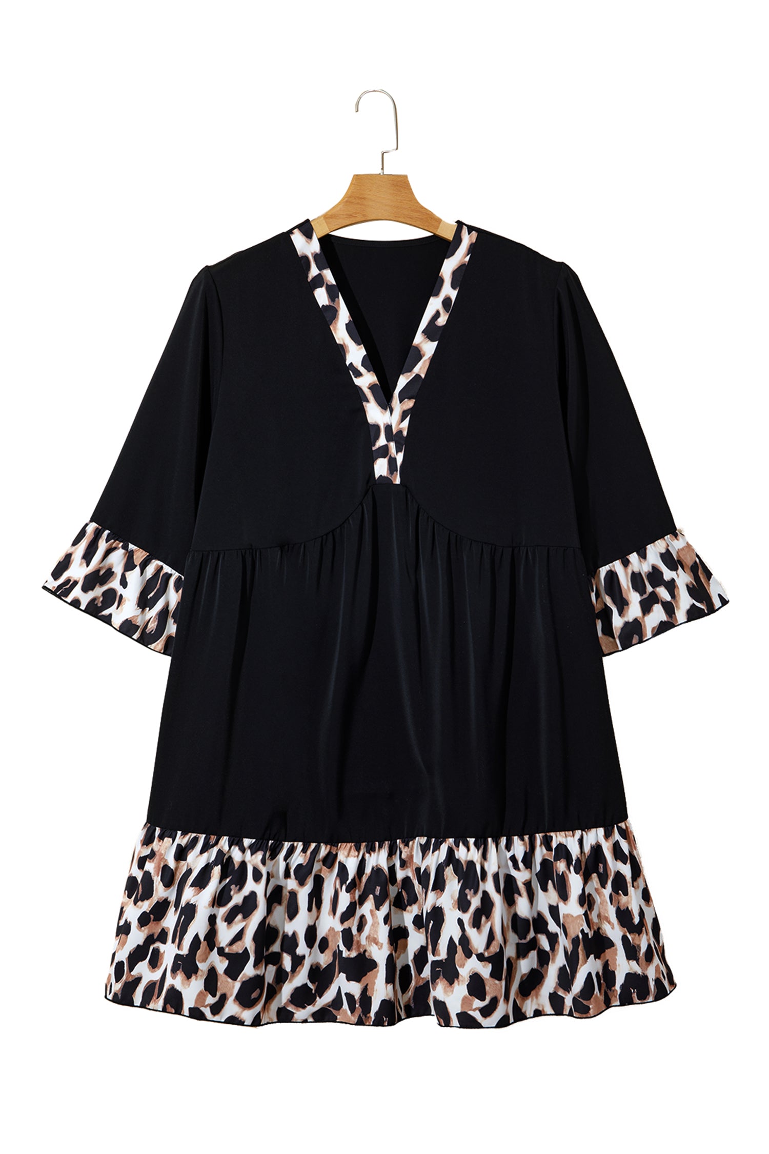 Black Plus Size Leopard Patchwork V Neck 3/4 Sleeve Ruffle Hem Mini Dress