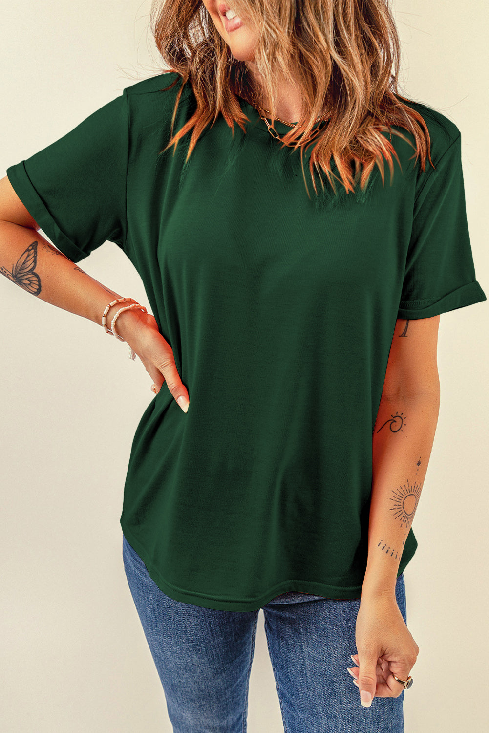 Dark Blue Casual Plain Crew Neck Tee