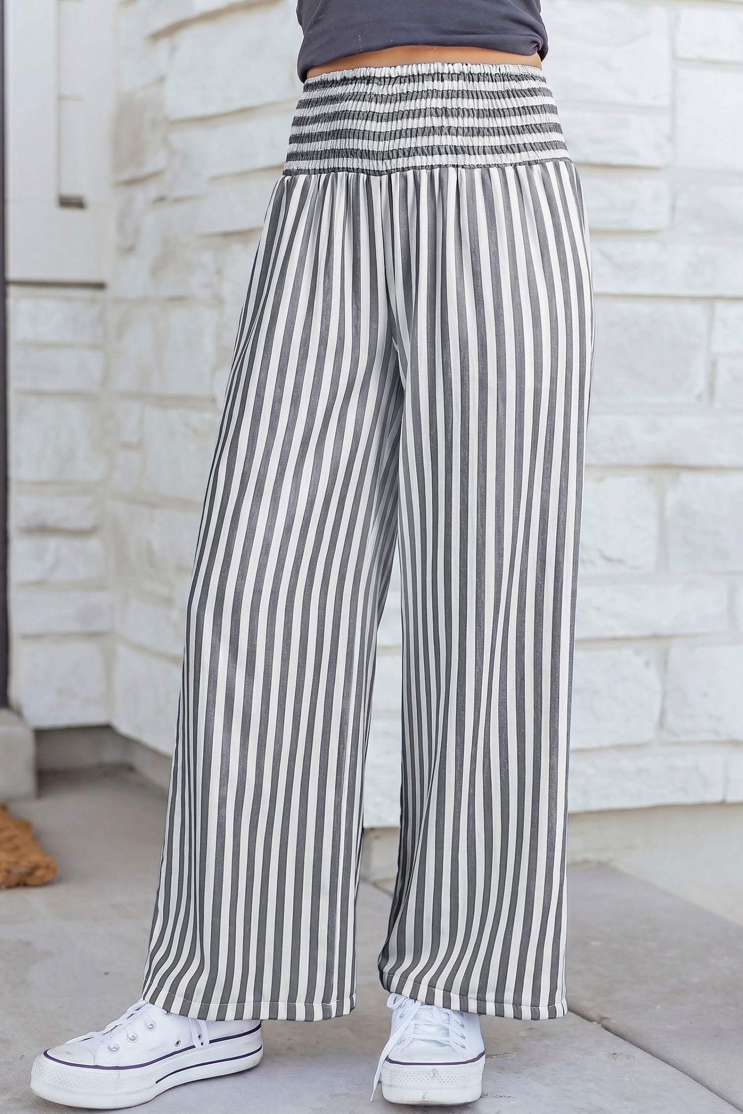 Sky Blue Stripe Shirred High Waist Loose Summer Pants