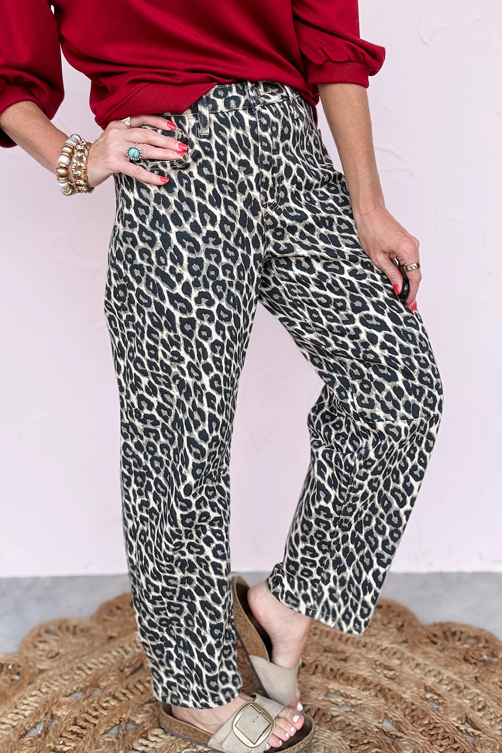 Black Leopard Print Barrel Jeans