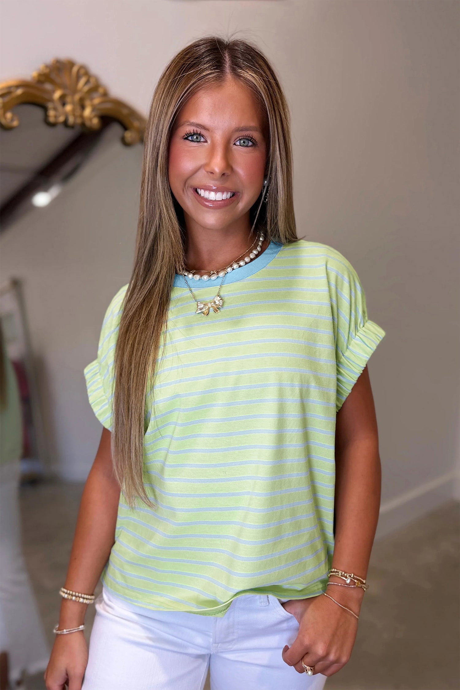Green Stripe Striped Round Neck Short Sleeve Casual Shift T-Shirt
