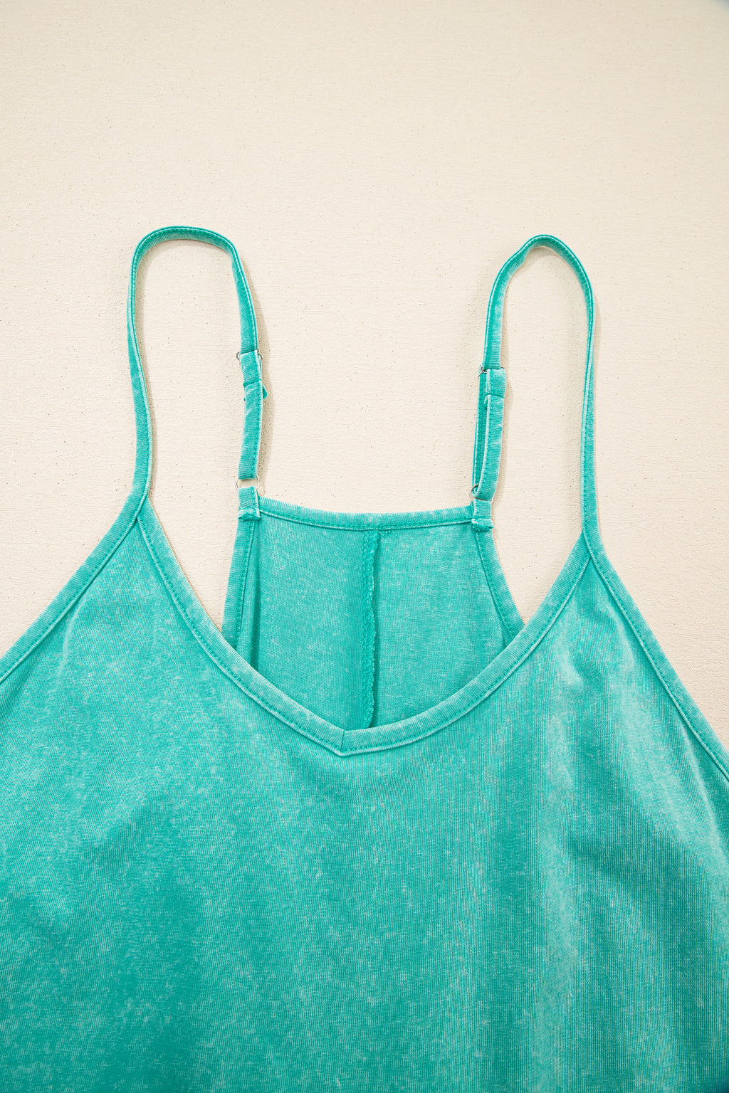 Mint Green Mineral Wash Spaghetti Straps Pocketed Romper