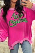 Strawberry Pink Twisted Ribbed Texture Merry Christmas Sequin Letter Graphic Top