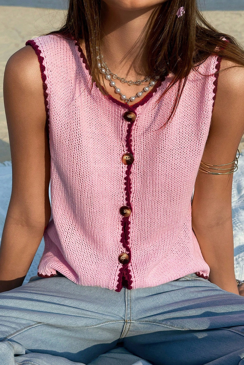 Pink Contrast Trim Buttoned Front Sweater Vest