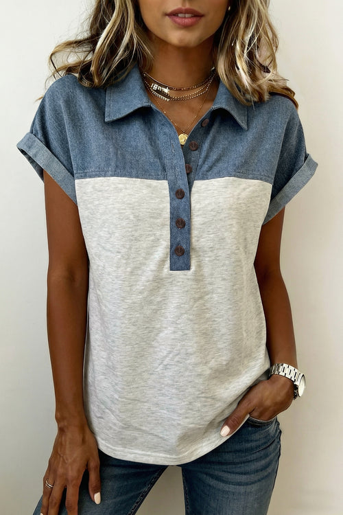 Black Color Block Denim Patchwork Button Polo Collar Short Sleeve Top