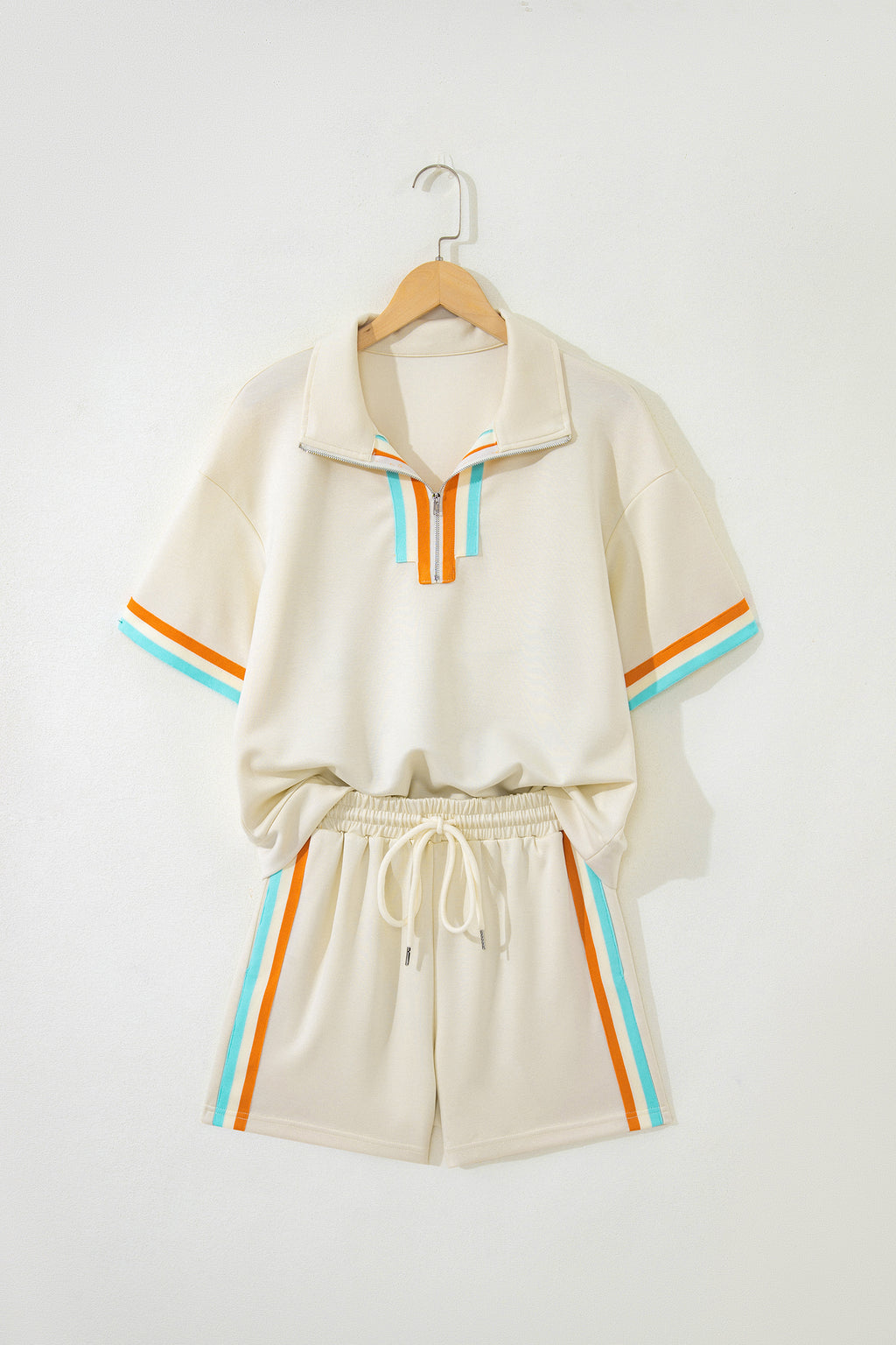 Apricot Colorful Striped Detail Half Zip Polo Tee Loose Shorts Set