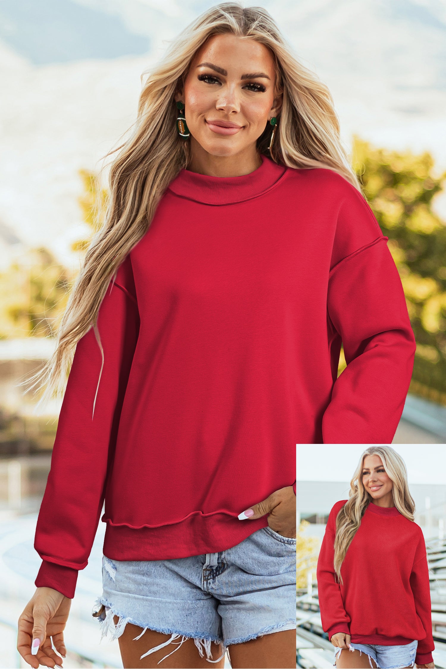 Red Dahlia Oversize Drop Shoulder Reversible Mock Neck Sweatshirt