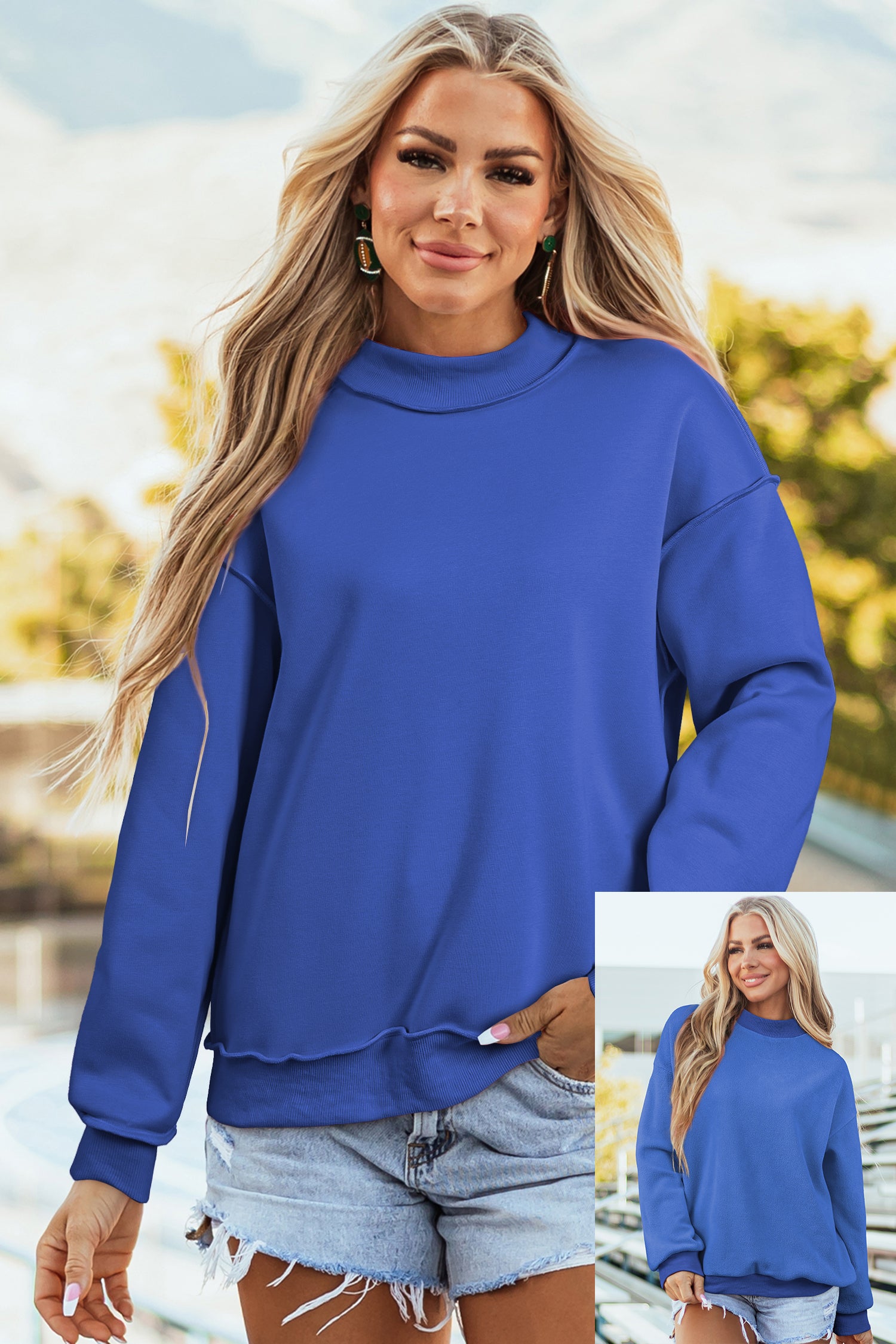 Red Dahlia Oversize Drop Shoulder Reversible Mock Neck Sweatshirt