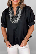 Black Short Puff Sleeve Contrast Embroidered Detail V Neck Blouse