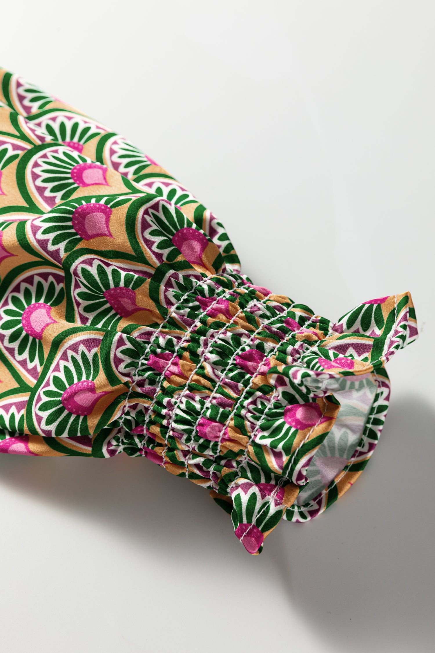 Apricot Floral Patchwork Shirred Cuff Puff Sleeve Sweater