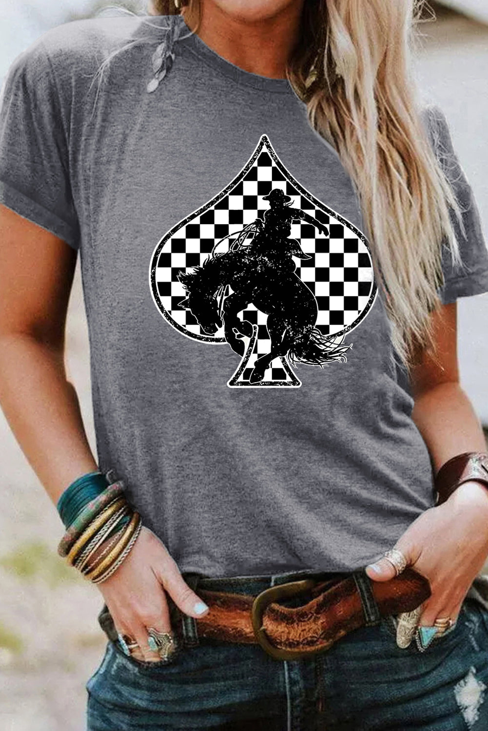 Gray Rodeo Check Spades Western Graphic T Shirt