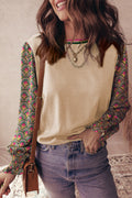 Apricot Floral Patchwork Shirred Cuff Puff Sleeve Sweater