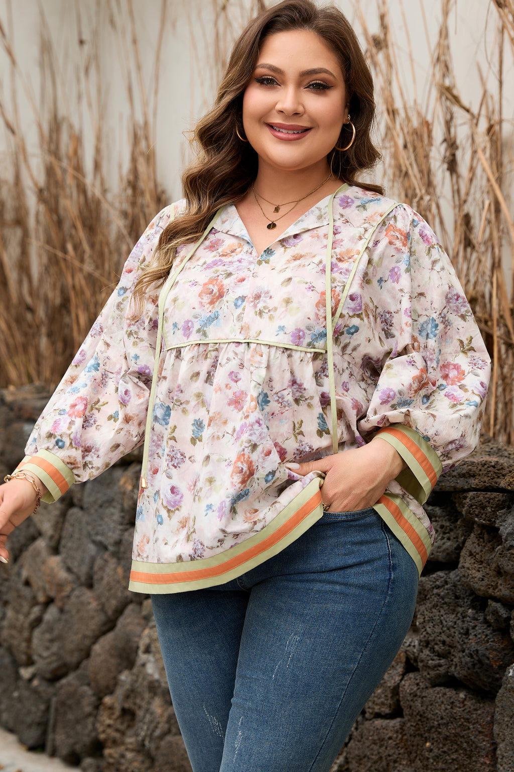 Black Plus Size Floral Print Contrast Trim Striped Detail Babydoll Blouse