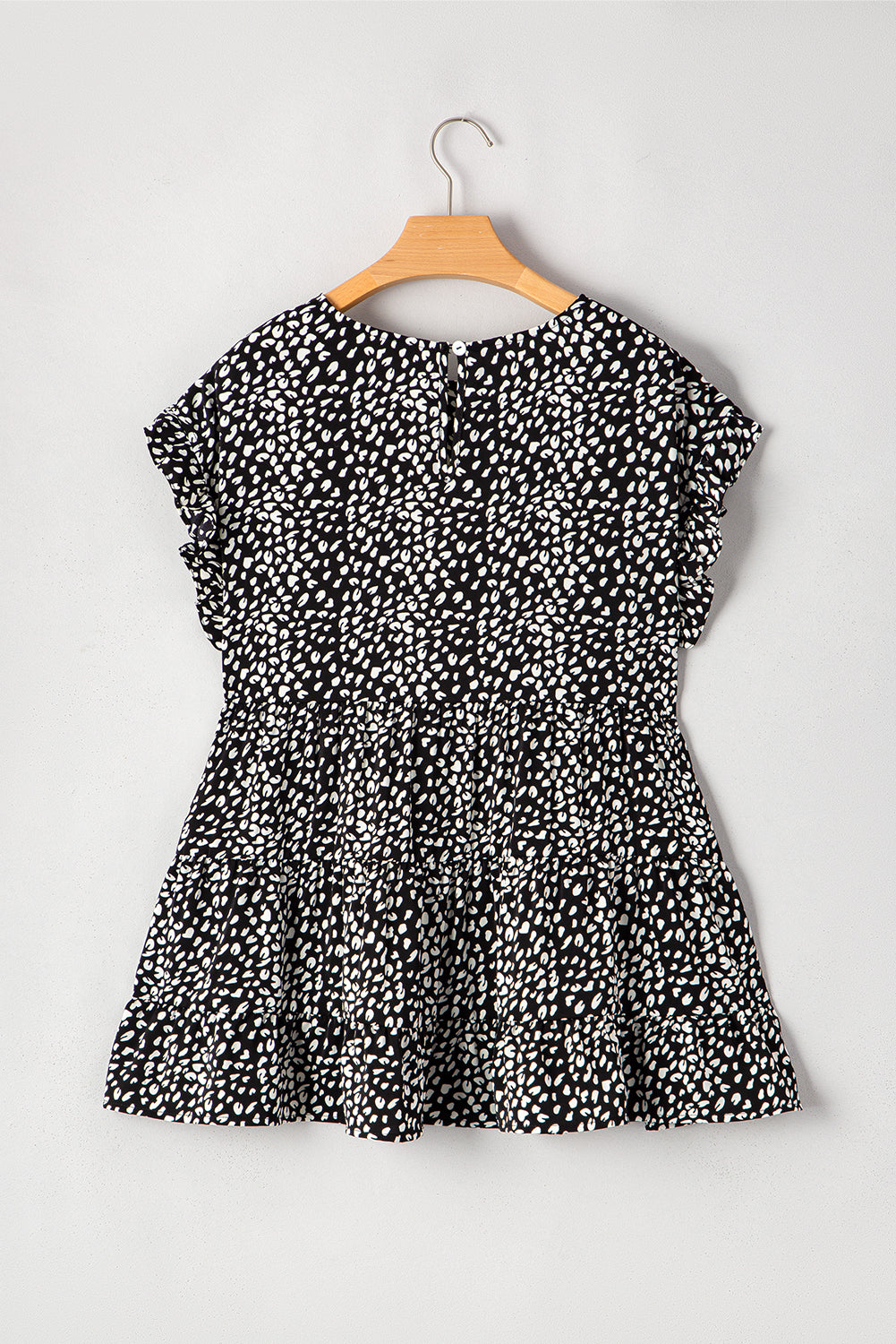 Black Leopard Print Ruffled Short Sleeve Keyhole Back Tiered Flowy Plus Size Blouse