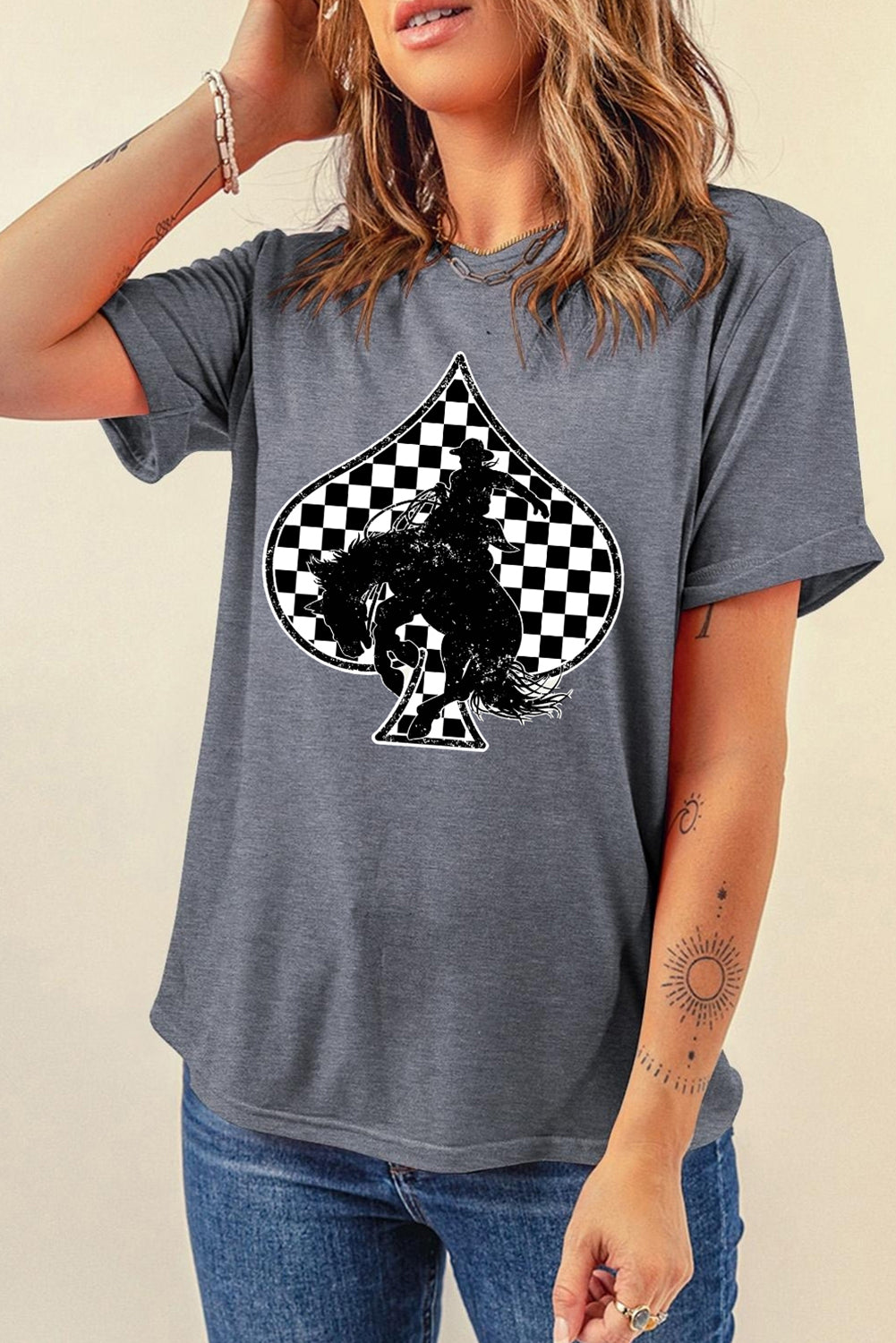 Gray Rodeo Check Spades Western Graphic T Shirt