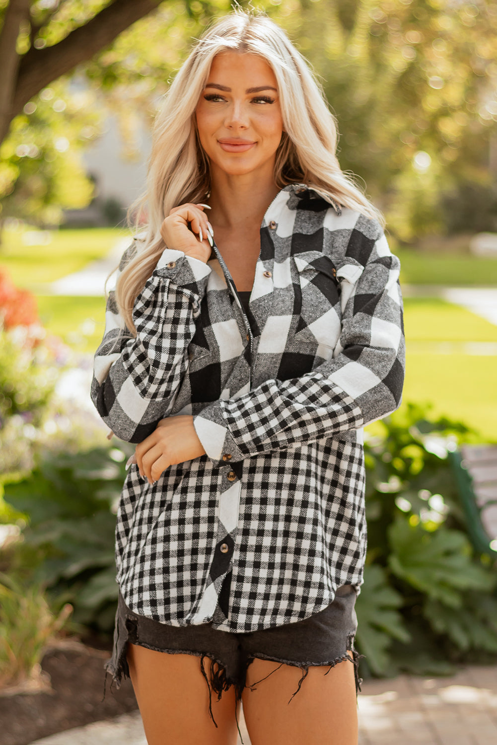 Black Double Plaid Patchwork Drawstring Hooded Shacket