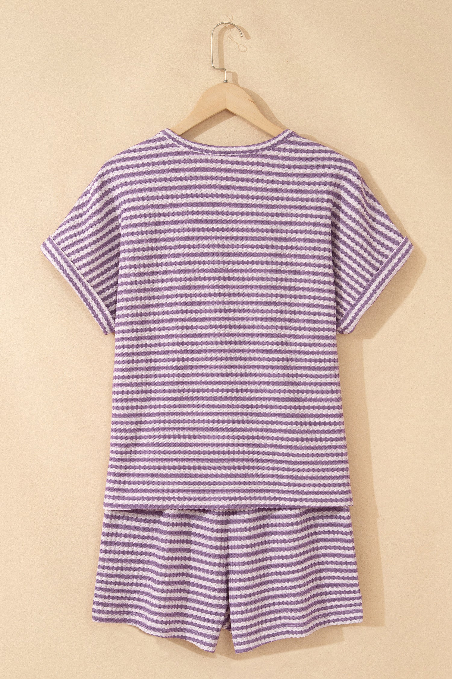 Brown Stripe Breathable Textured Knit Short 2pcs Set