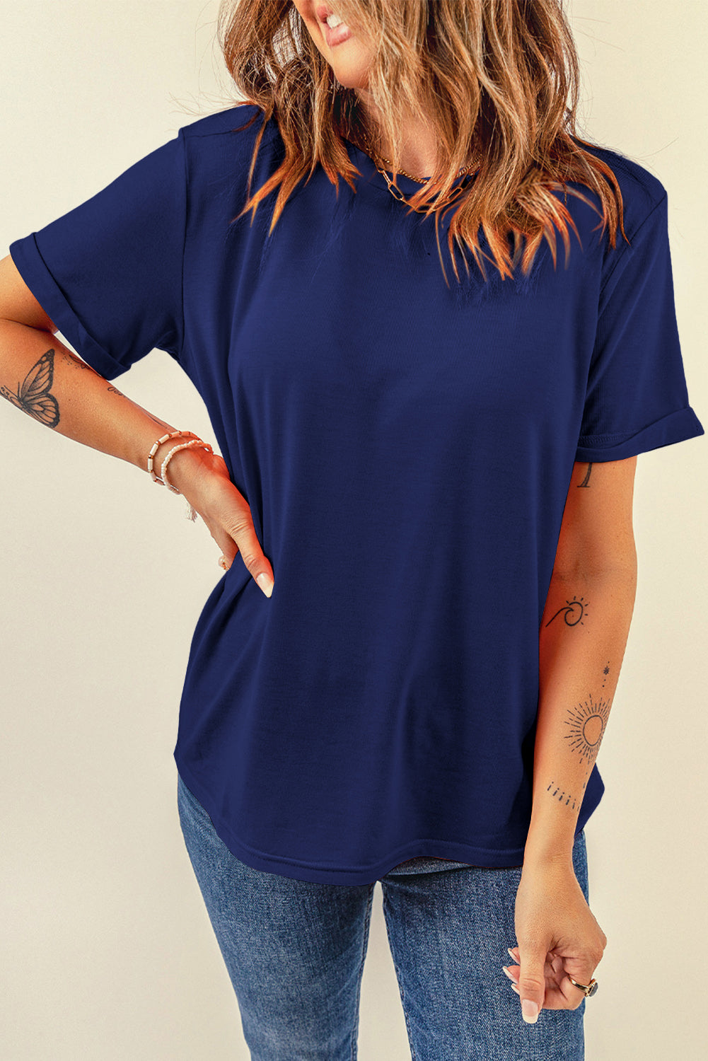 Dark Blue Casual Plain Crew Neck Tee