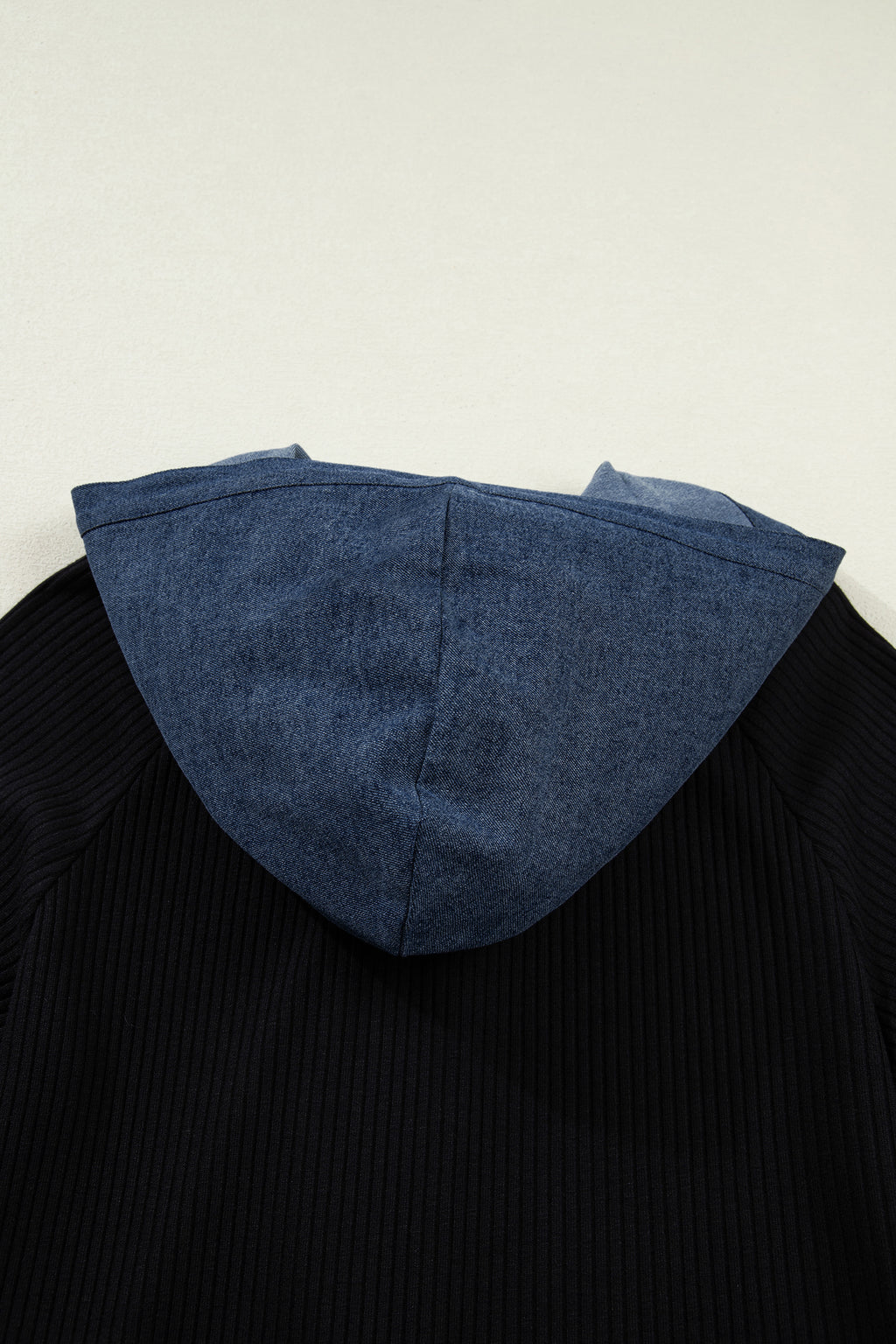 Black Ribbed Knit Contrast Denim Patchwork Hooded Long Sleeve Top