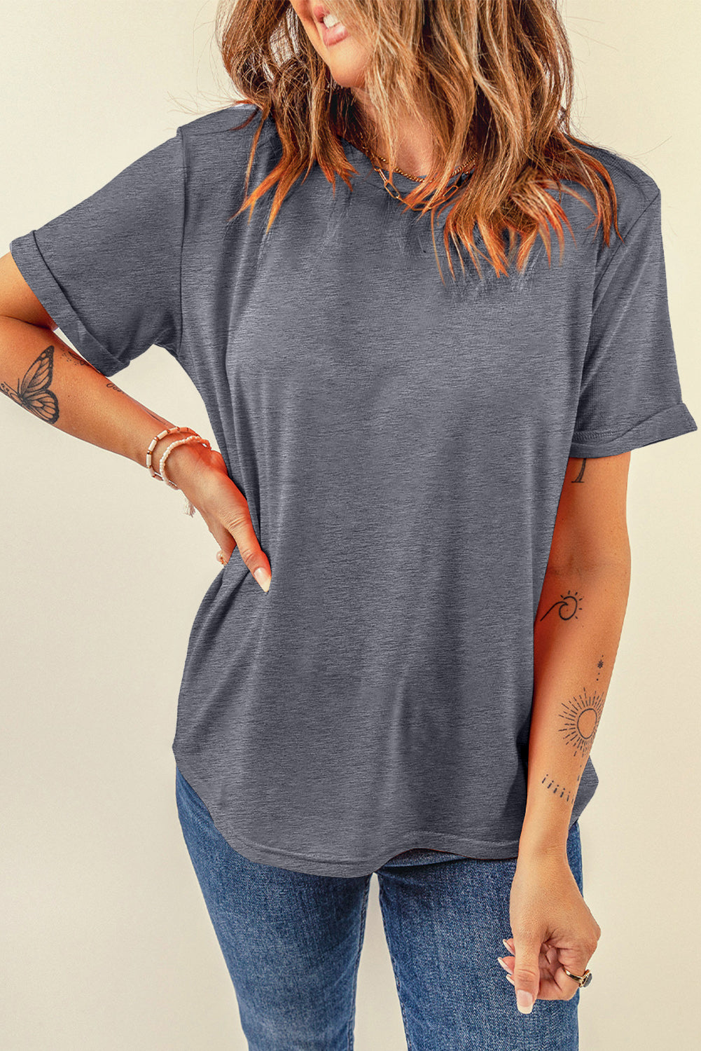 Dark Blue Casual Plain Crew Neck Tee