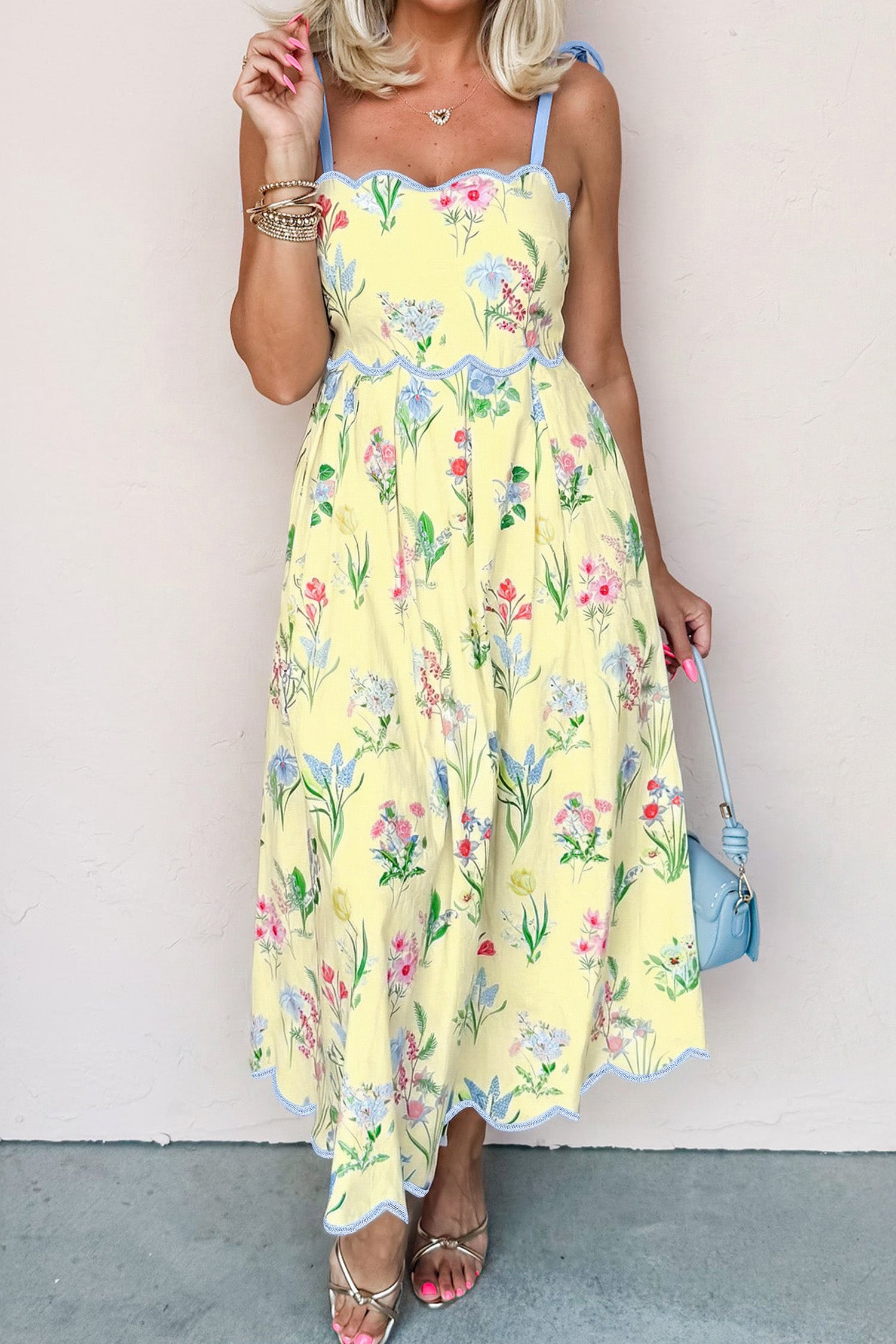 Pink Floral Print Contrast Trim Self-tie Straps High Waist Midi Dress
