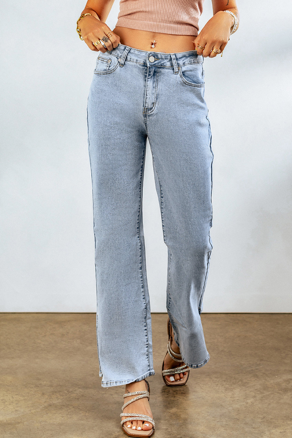 Sky Blue High Rise Slit Anklet Flare Jeans