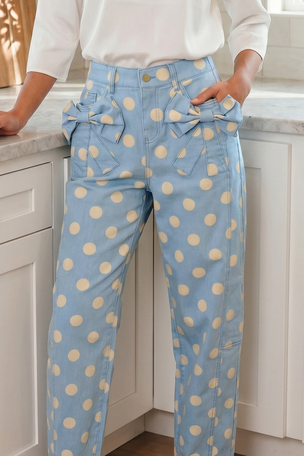 Sky Blue Polka Dot Print Bow Detail Pocketed Jeans