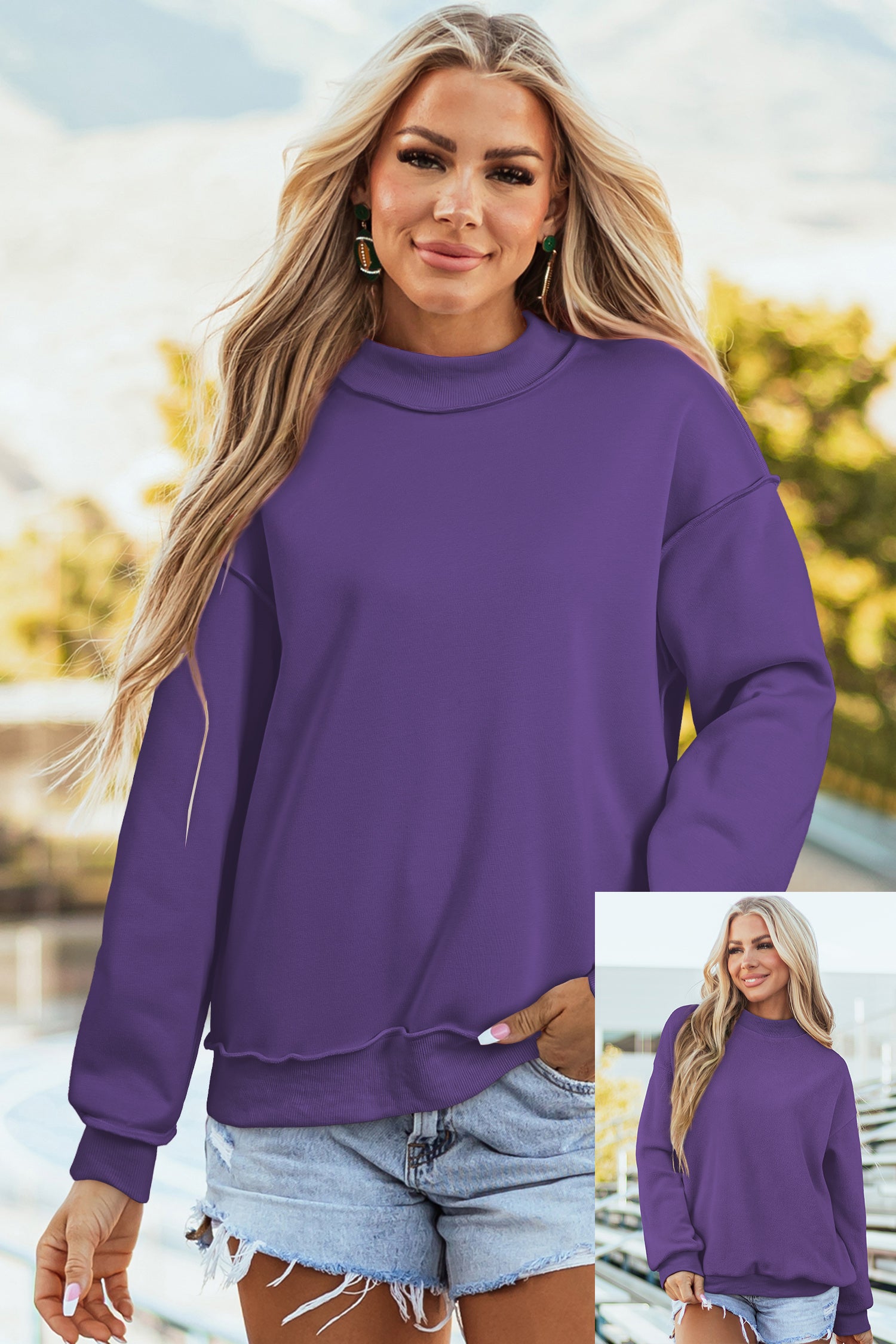 Red Dahlia Oversize Drop Shoulder Reversible Mock Neck Sweatshirt