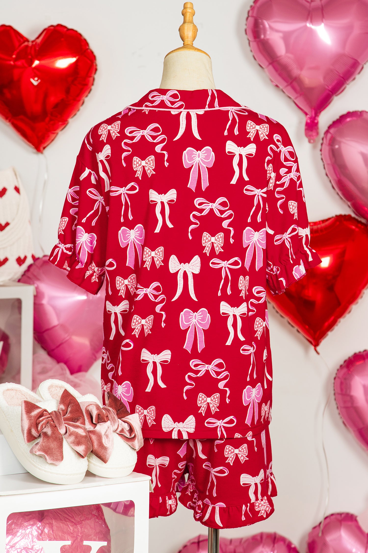 Red Sweet Bow Print Ruffled Short Sleeve Shirt Shorts 2pcs Pajama Set