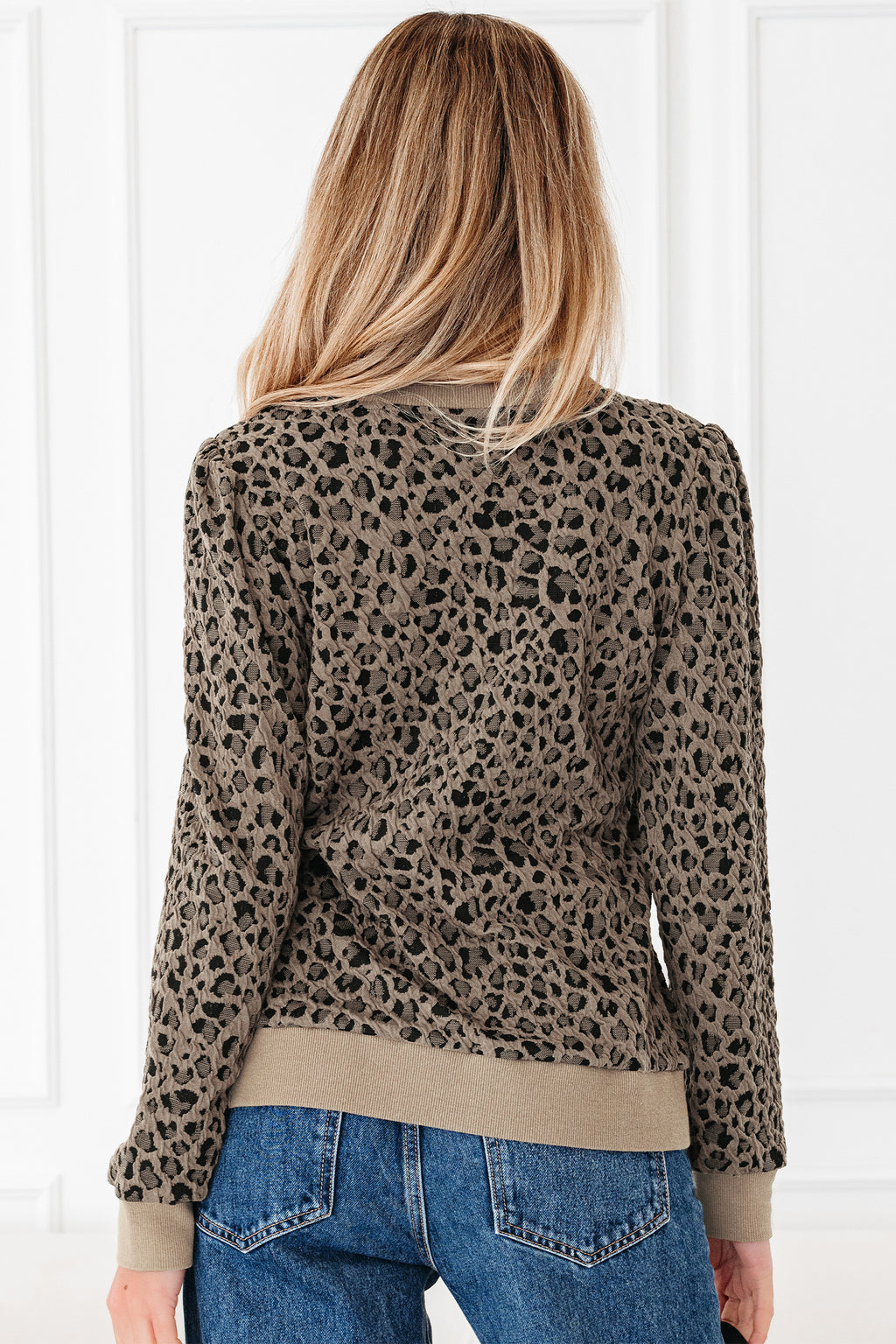 Brown Ribbed Trim Leopard Print Long Sleeve Top