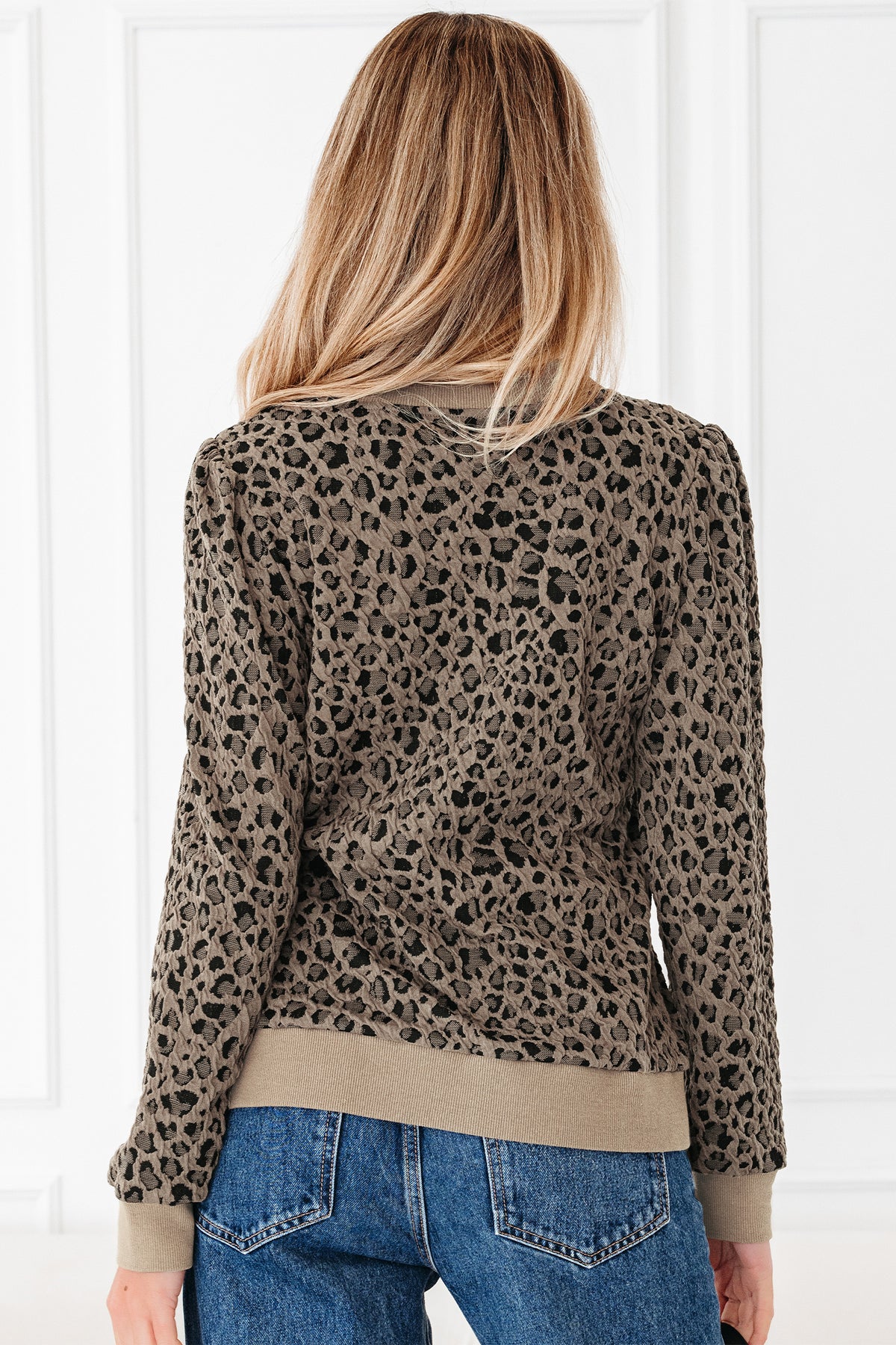 Brown Ribbed Trim Leopard Print Long Sleeve Top