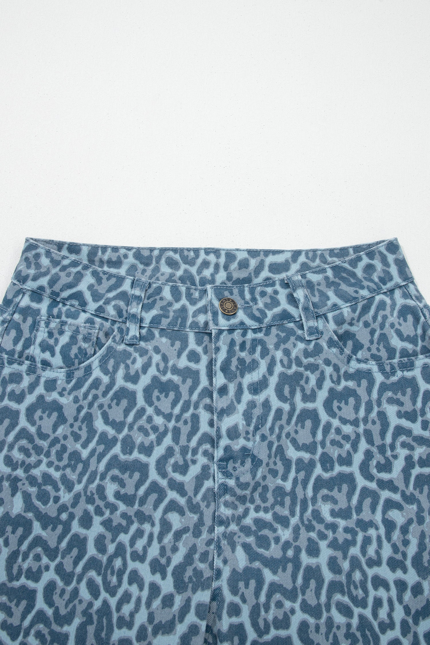 Sky Blue Leopard Frayed Edge Wide Leg High Waist Jeans