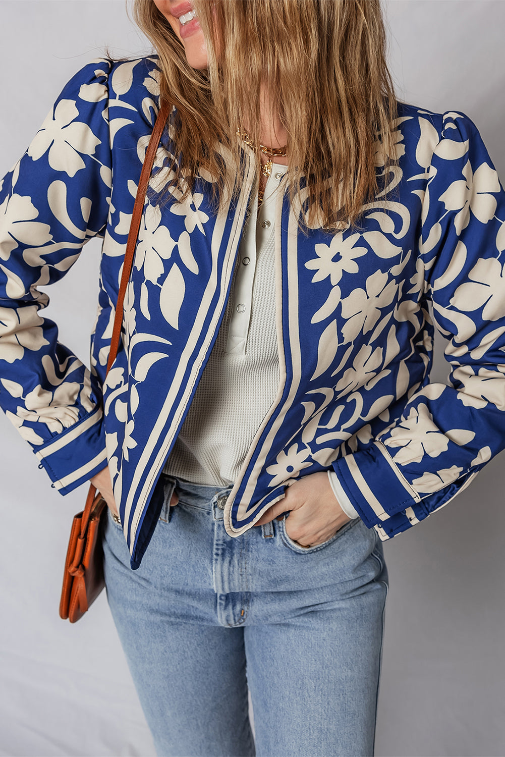 Blue Flower Print Open Front Buttoned Cuffs Elegant Jacket