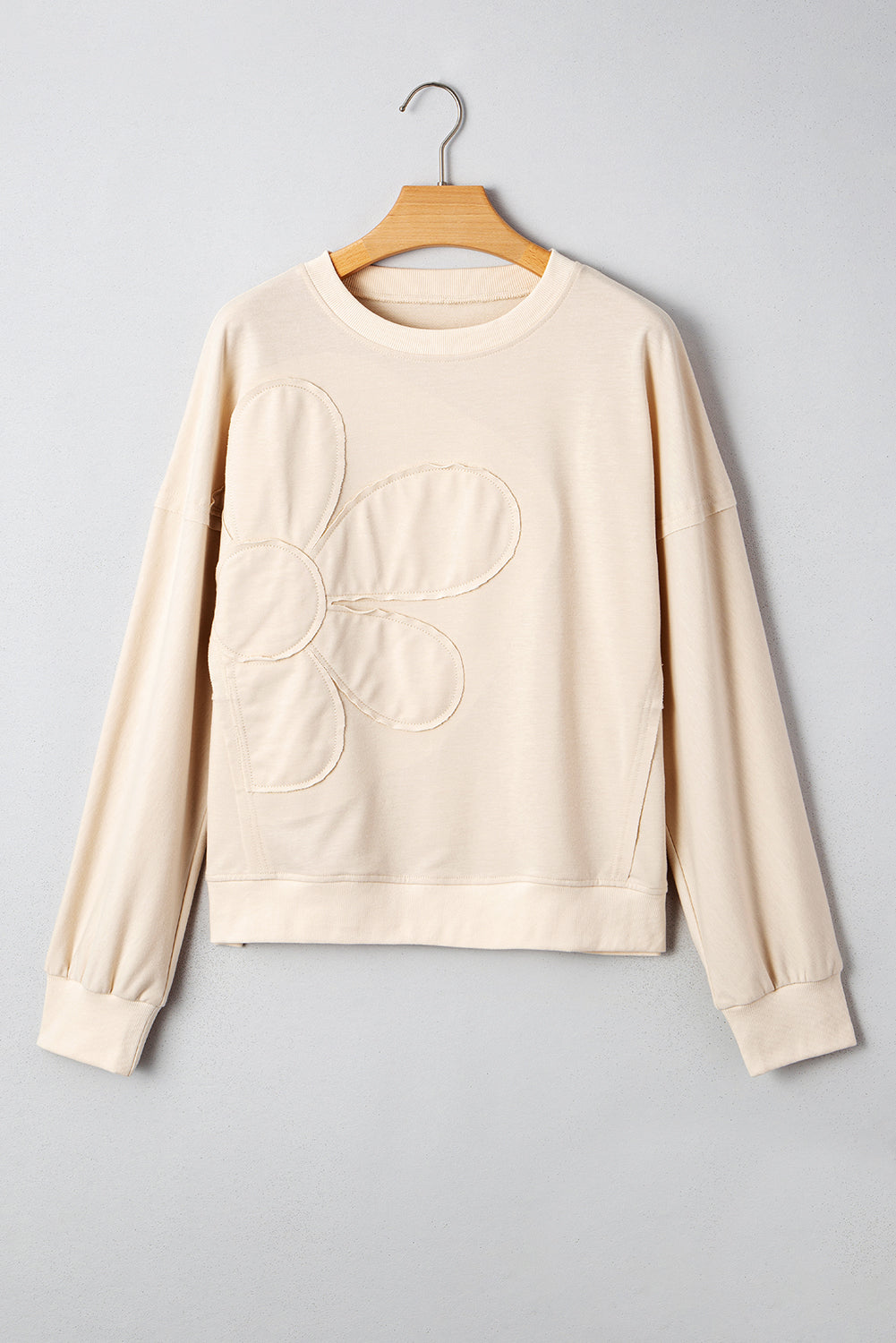Beige Raw Edge Flower Patch Drop Shoulder Casual Top