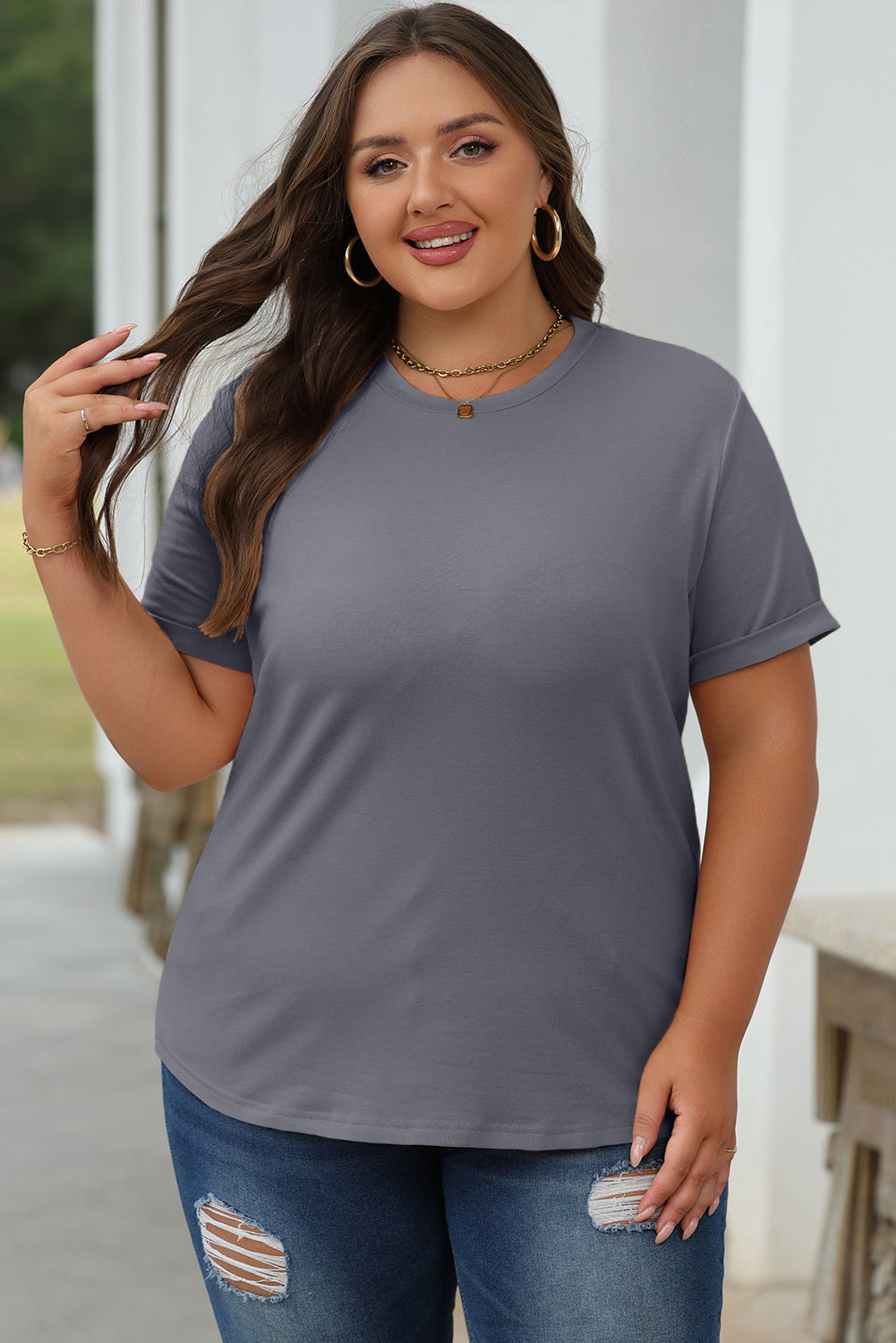 Dark Blue Casual Plain Crew Neck Tee