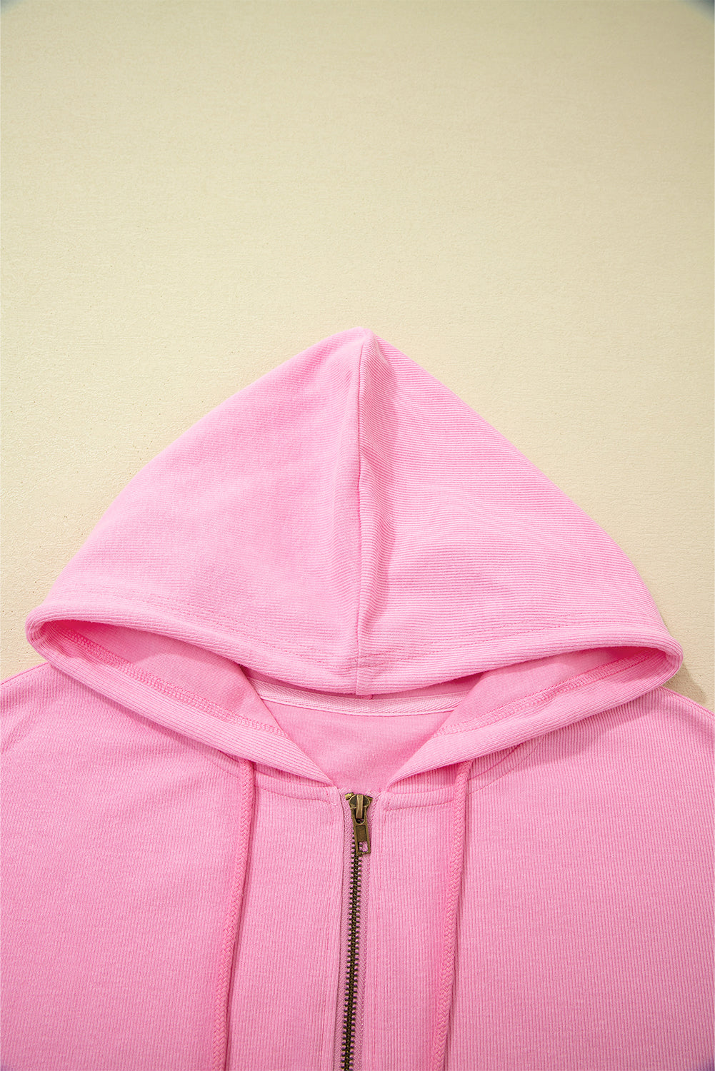 Sachet Pink Solid Color Ribbed Zip Up Drawstring Hooded Jacket