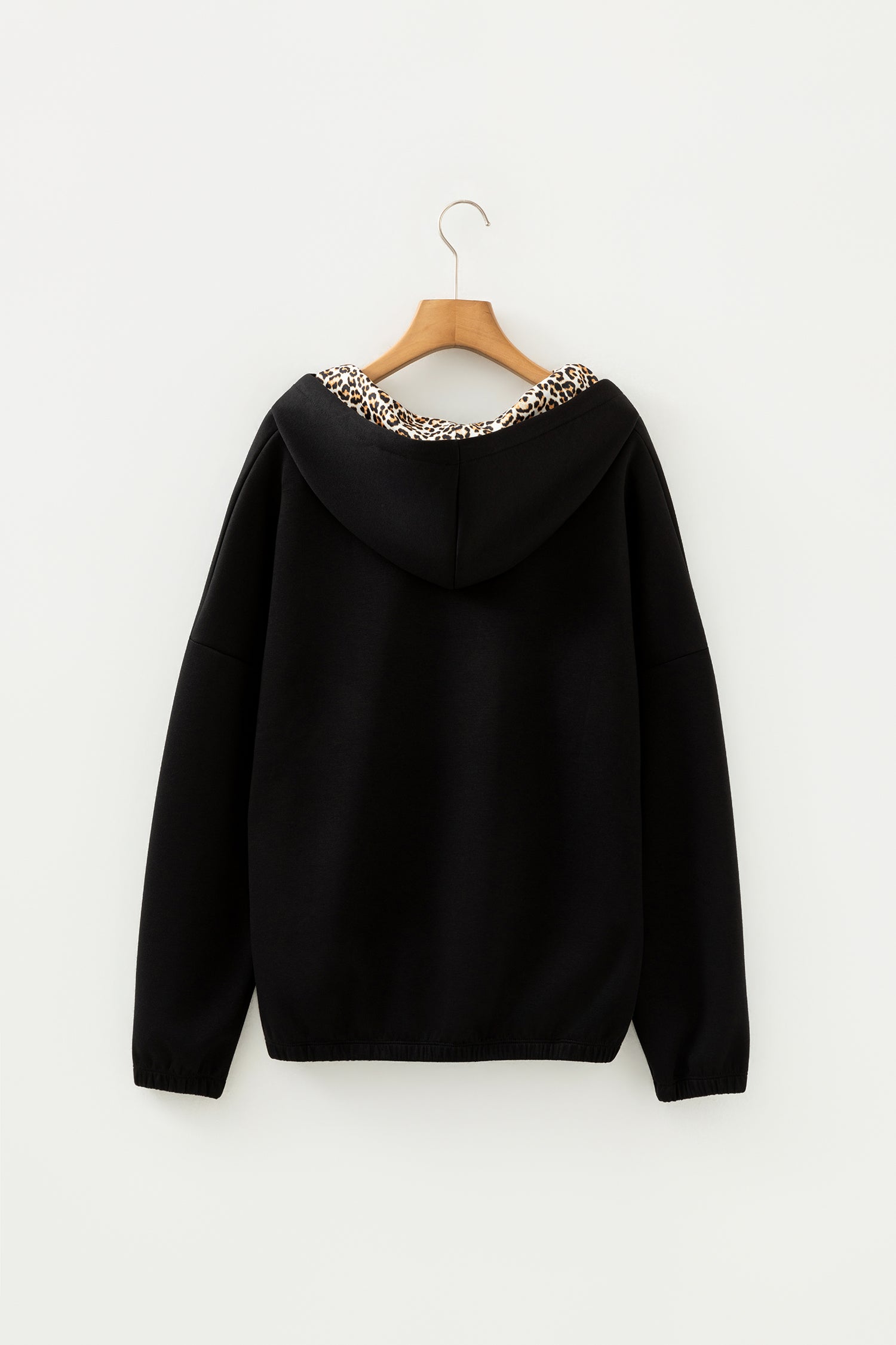 Black Leopard Contrast Drawstring Hood Drop Shoulder Loose Top