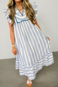 Sky Blue Stripe Subtle Lace Detail V Neck Ruffle Trim Casual Dress