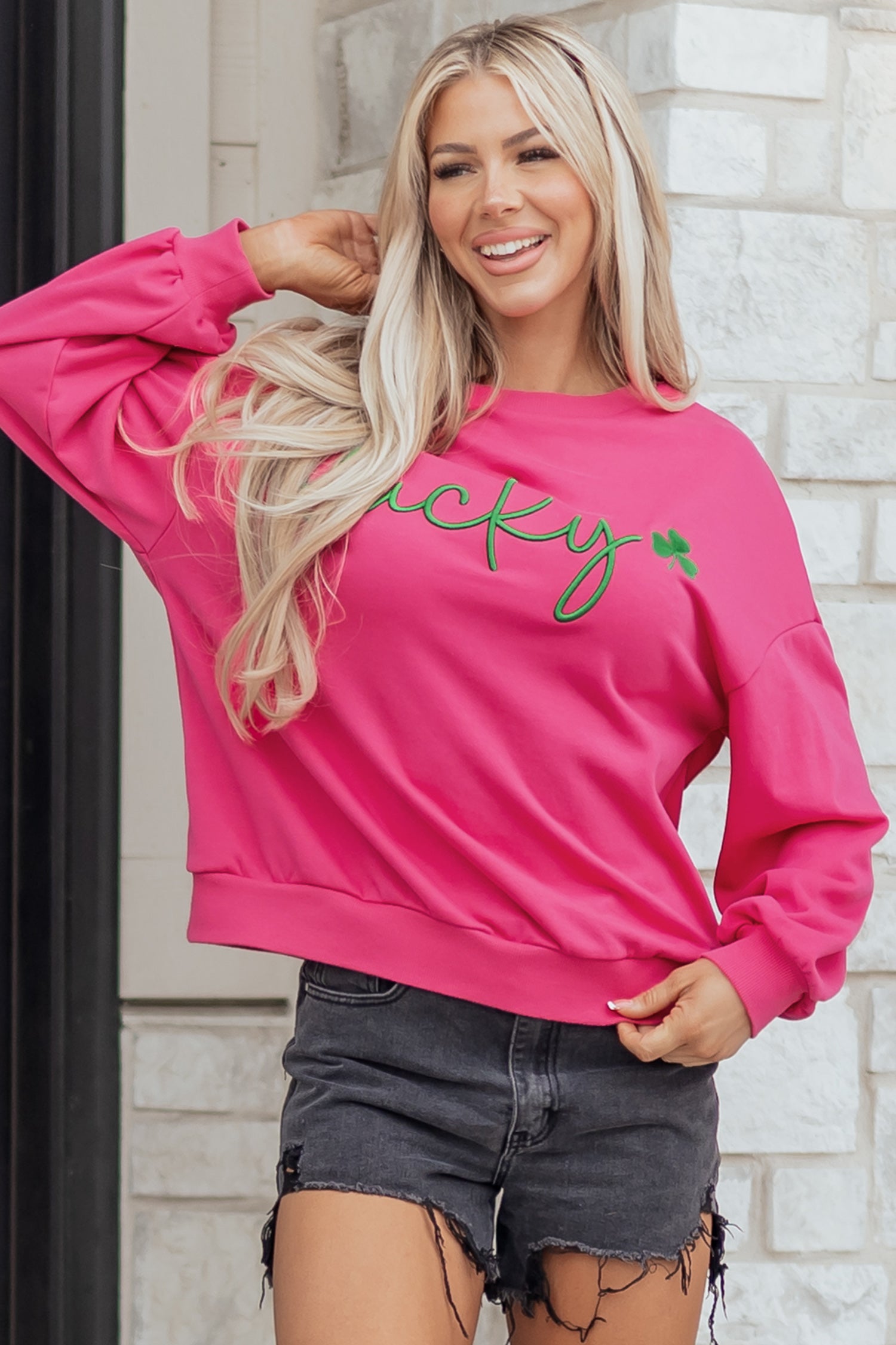Rose Red Lucky Clover Embroidered Loose Pullover Sweatshirt
