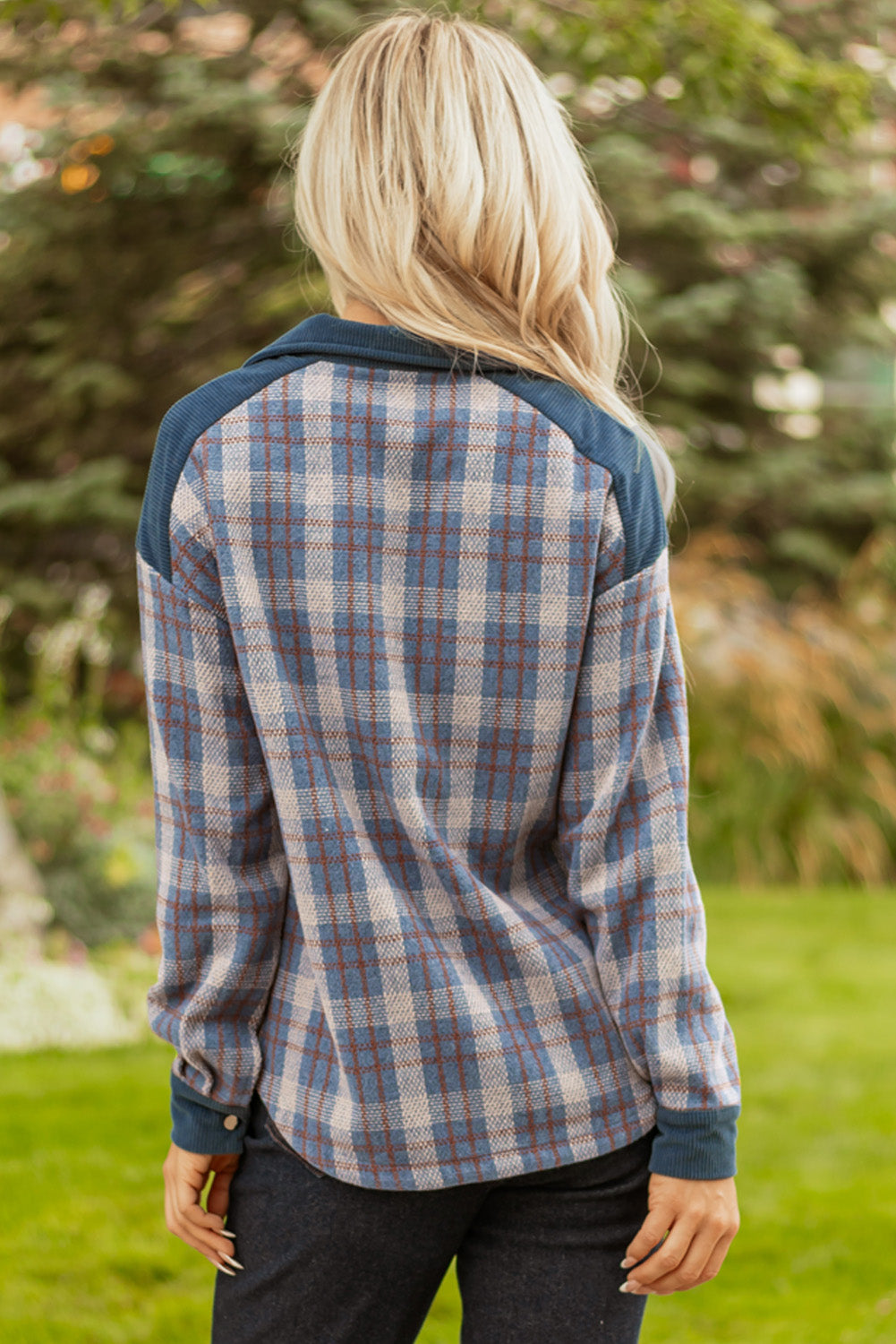 Gray Plaid Corduroy Patchwork Collared Zip Up Snap Button Jacket